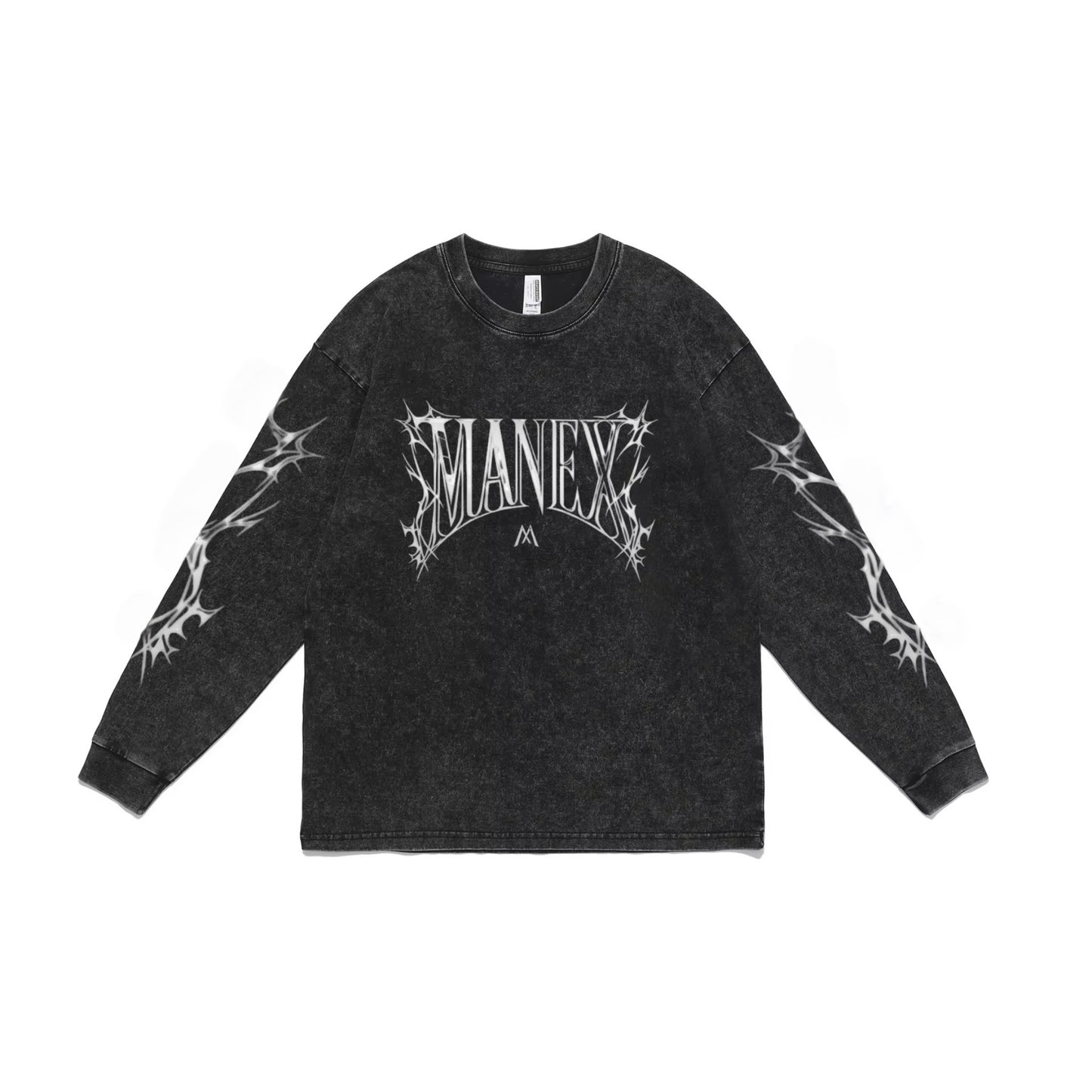 MANEX Thorn long-sleeve shirt in dark fabric with button collar and chest pocket, shown on a hanger.