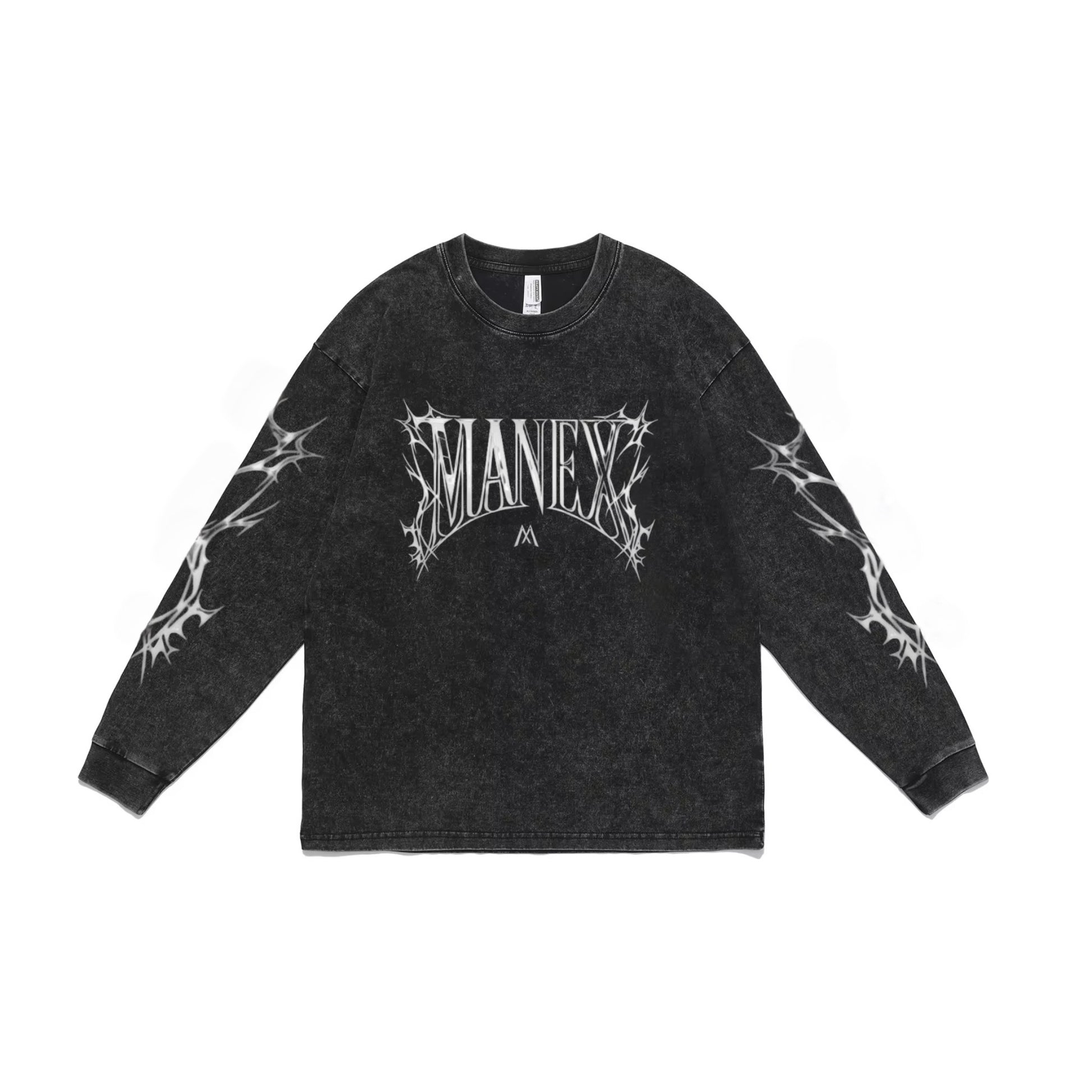 MANEX Thorn long-sleeve shirt in dark fabric with button collar and chest pocket, shown on a hanger.